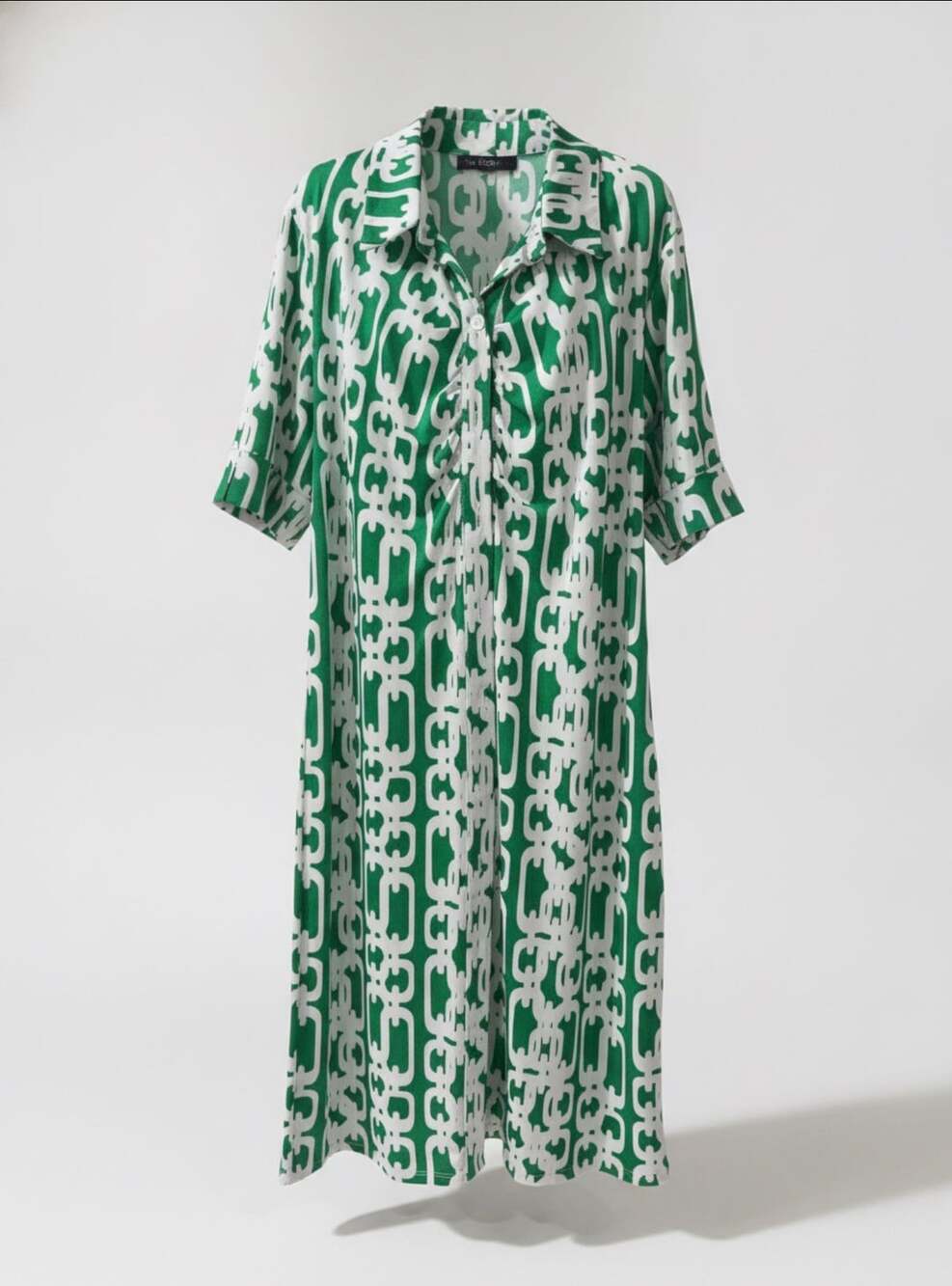 MSK Petite Dress PL Green White Chain Print Collared Button Down Midi